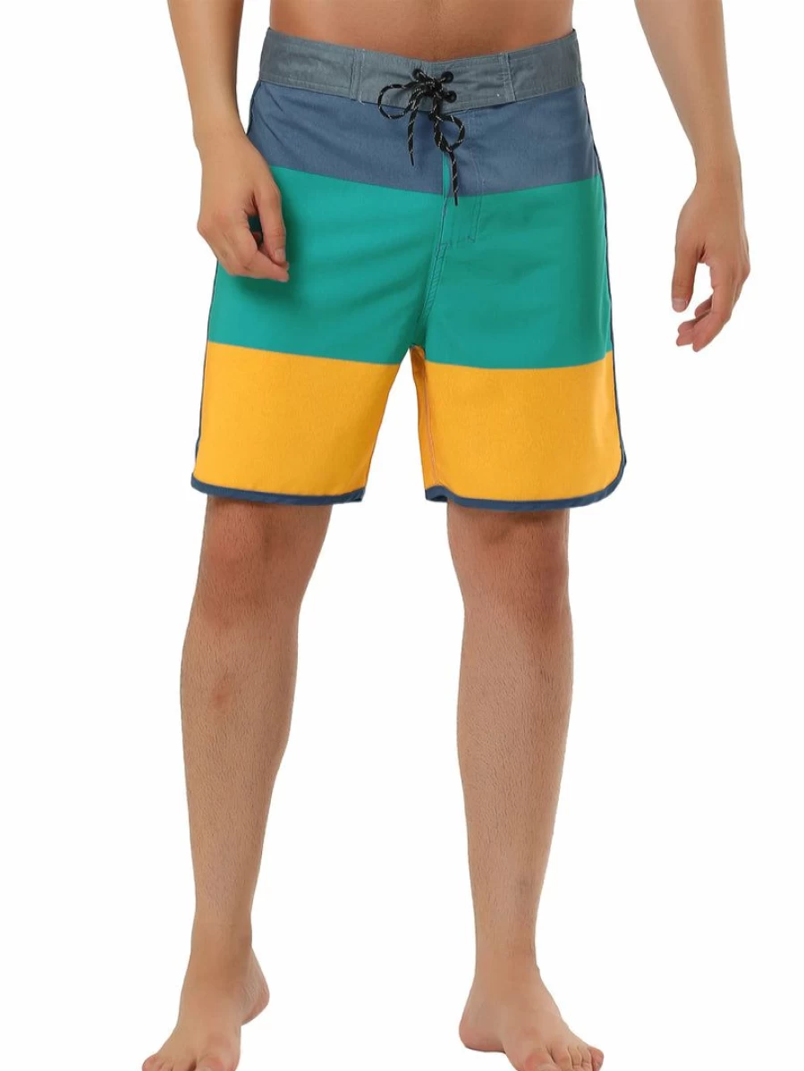 Men's Striped Beach Shorts with Color Block Design, Drawstring Waist for Swimming, Board Surfing, and Summer Activities