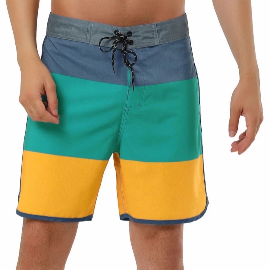 Men's Striped Beach Shorts with Color Block Design, Drawstring Waist for Swimming, Board Surfing, and Summer Activities