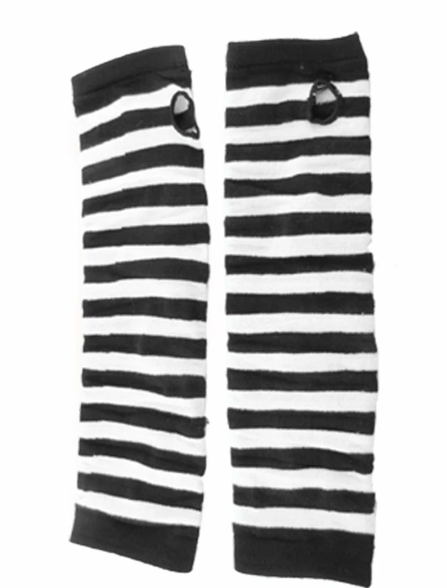 Allegra K Women's Black White Stripes Fingerless Long Arm Warmer Gloves Elastic Mitten Accessories