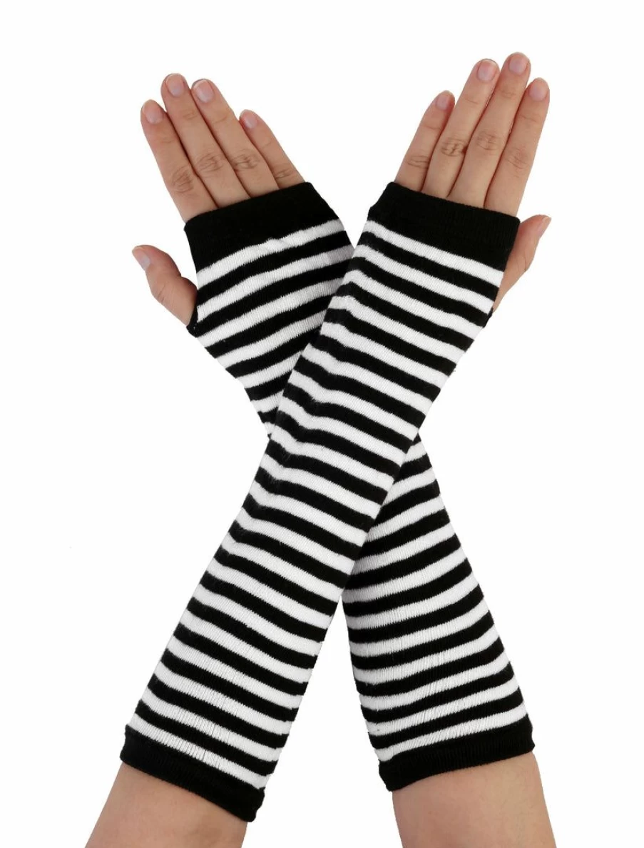 Allegra K Women's Black White Stripes Fingerless Long Arm Warmer Gloves Elastic Mitten Accessories
