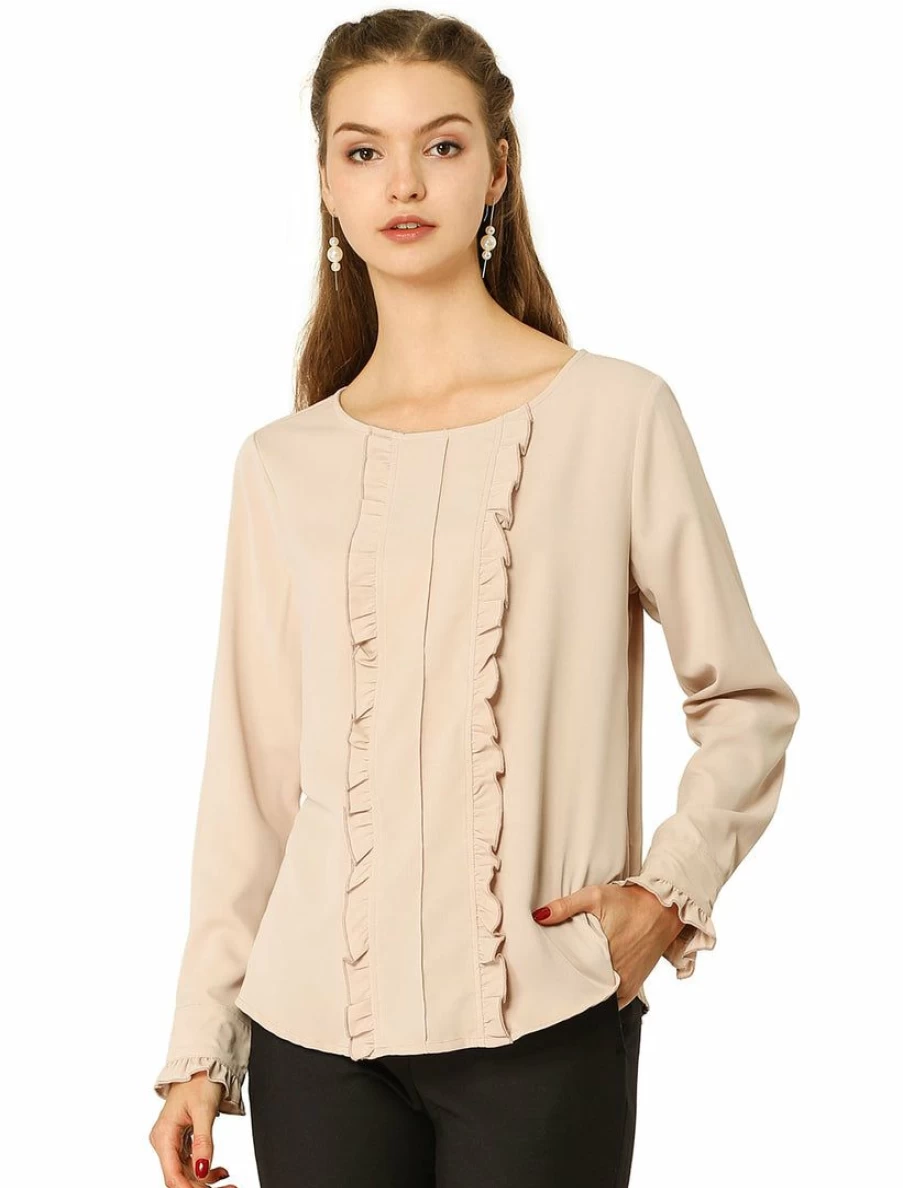 Allegra K Women's Elegant Apricot Ruffled Blouse Long Sleeve Office Work Top for Fall
