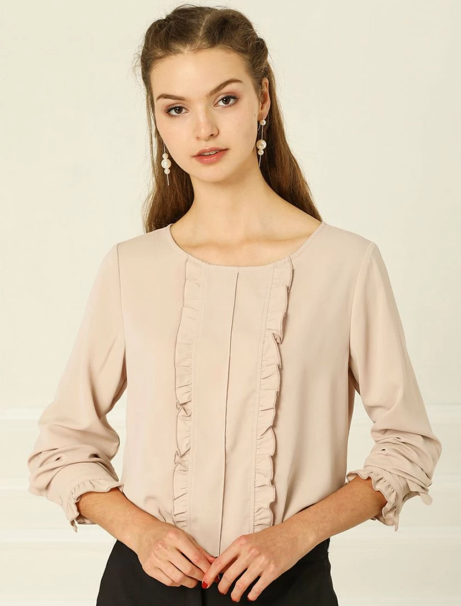 Allegra K Women's Elegant Apricot Ruffled Blouse Long Sleeve Office Work Top for Fall