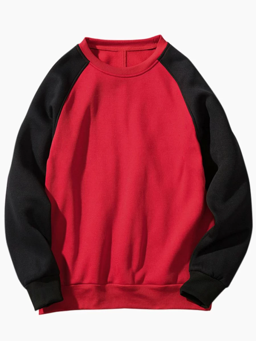 Men's Casual Color Block Pullover Sweatshirt - Long Sleeve Round Neck Plush Raglan Style