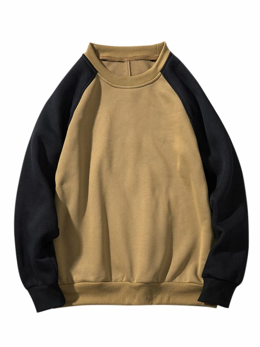Men's Casual Color Block Pullover Sweatshirt - Long Sleeve Round Neck Plush Raglan Style