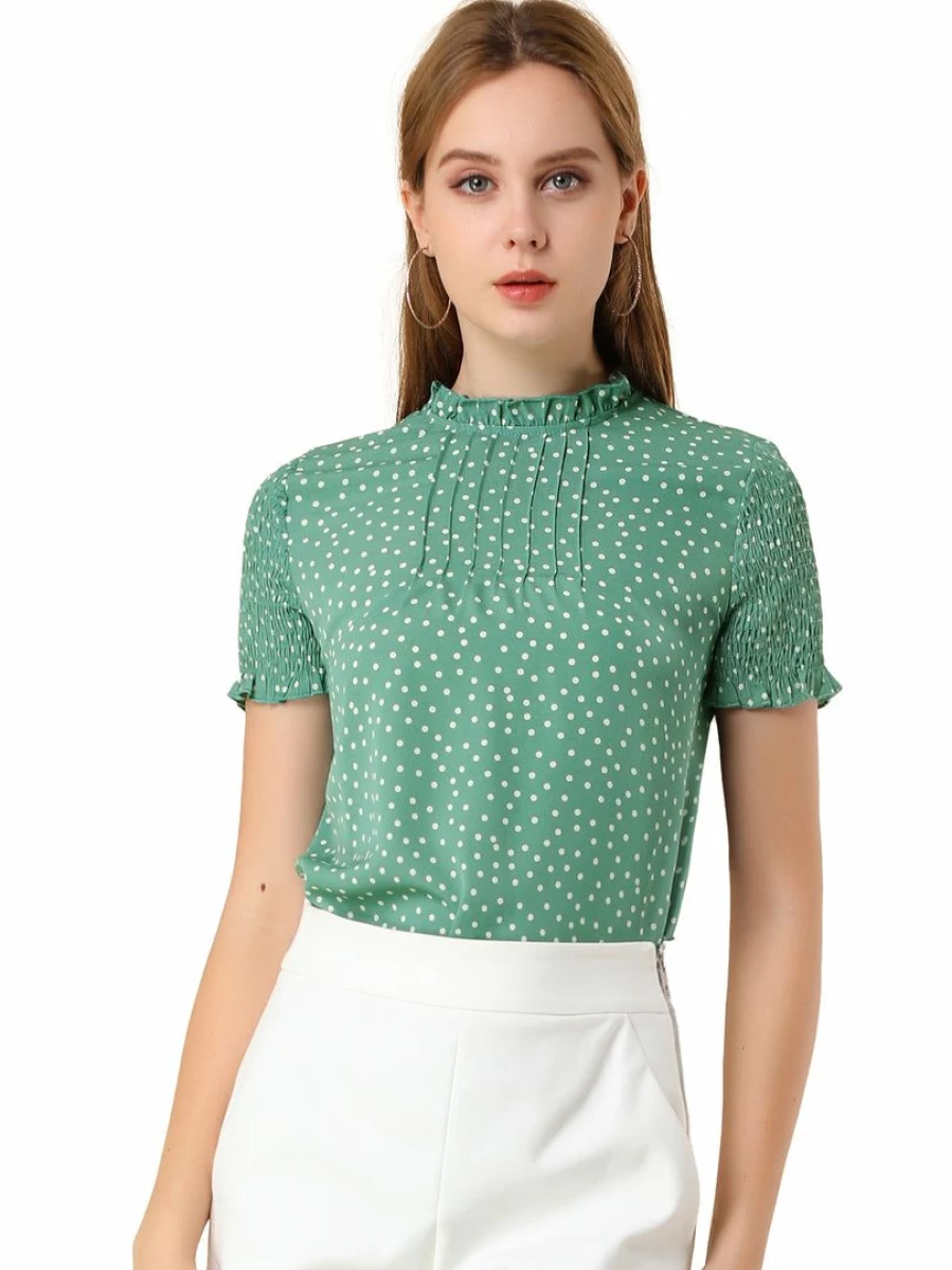 Women's Polka Dot Blouse with Smocked Sleeves and Ruffle Neck Top