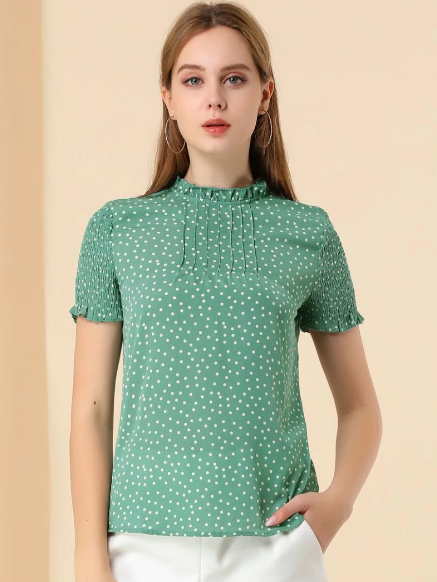Women's Polka Dot Blouse with Smocked Sleeves and Ruffle Neck Top