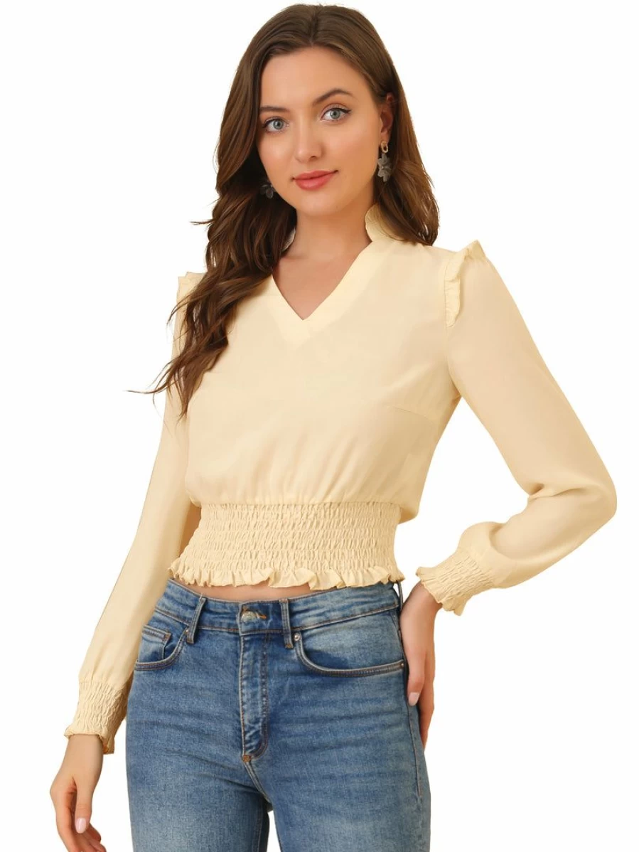 Allegra K Women's Apricot Chiffon Blouse with Ruffle V-Neck and Smocked Waist Long Sleeve Top