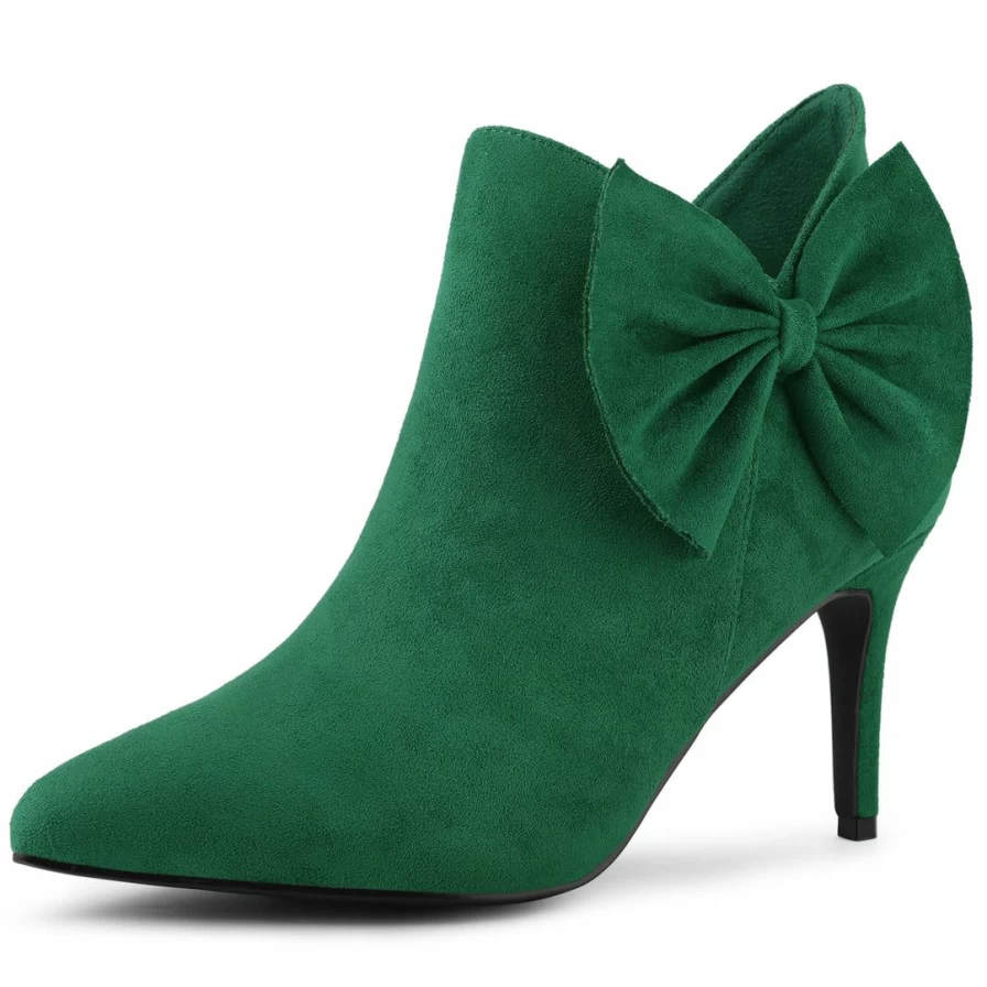 Women's Fashion Stiletto Heel Boots Pointed Toe Zip Ankle Boots with Bow Detail