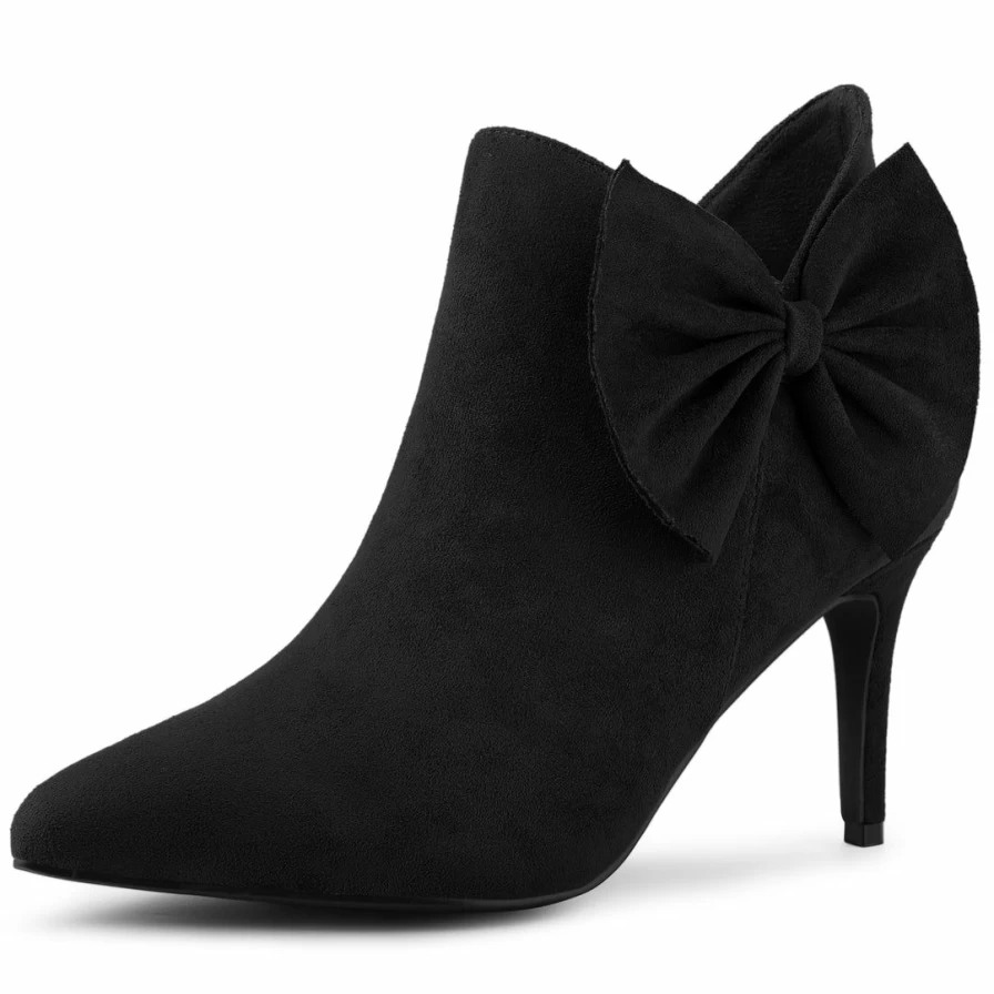 Women's Fashion Stiletto Heel Boots Pointed Toe Zip Ankle Boots with Bow Detail