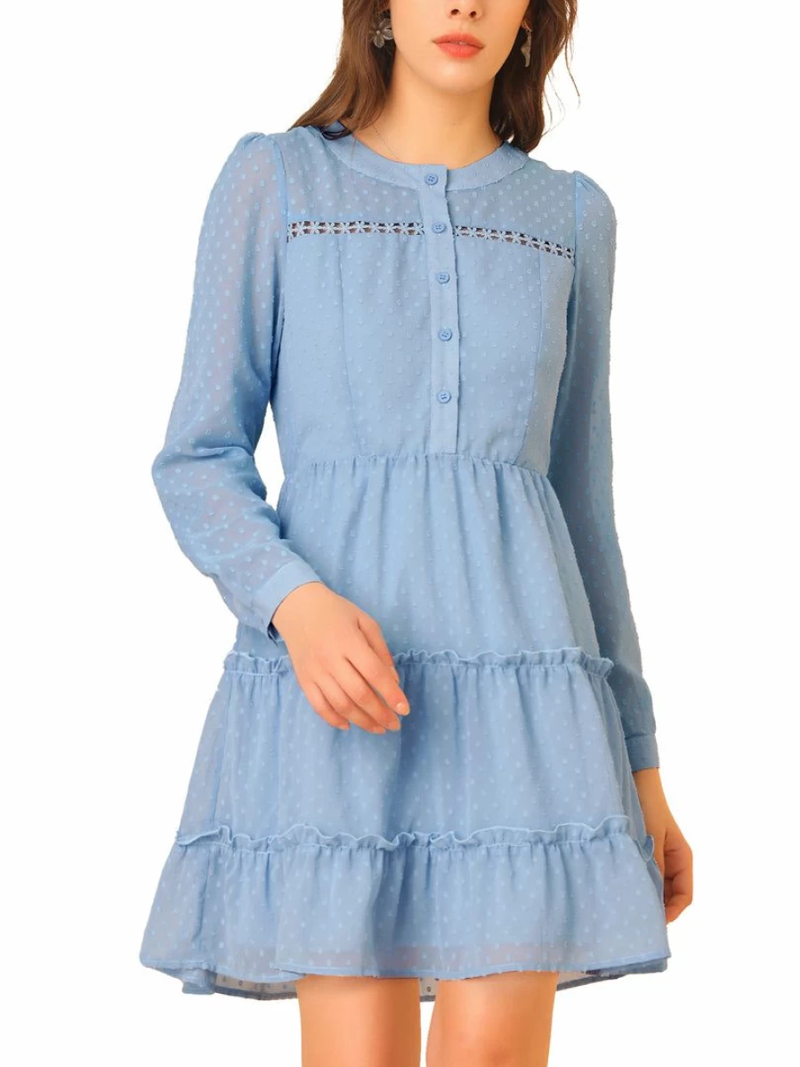 Allegra K Women's Blue Flowy Tiered Chiffon Dress with Swiss Dots and Elastic Waist