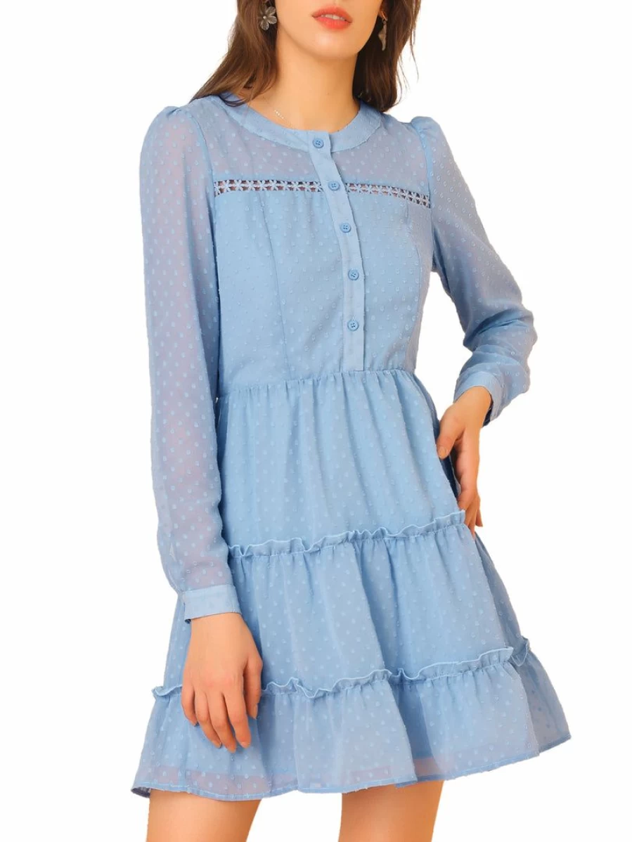 Allegra K Women's Blue Flowy Tiered Chiffon Dress with Swiss Dots and Elastic Waist