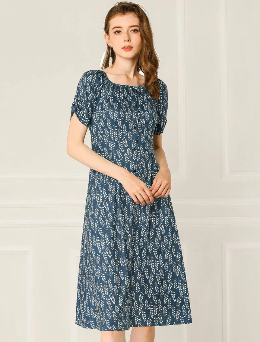 Women's Floral Print Flare Dress with Pleated Waist and Ruched Sleeves - Elegant Party & Casual Wear