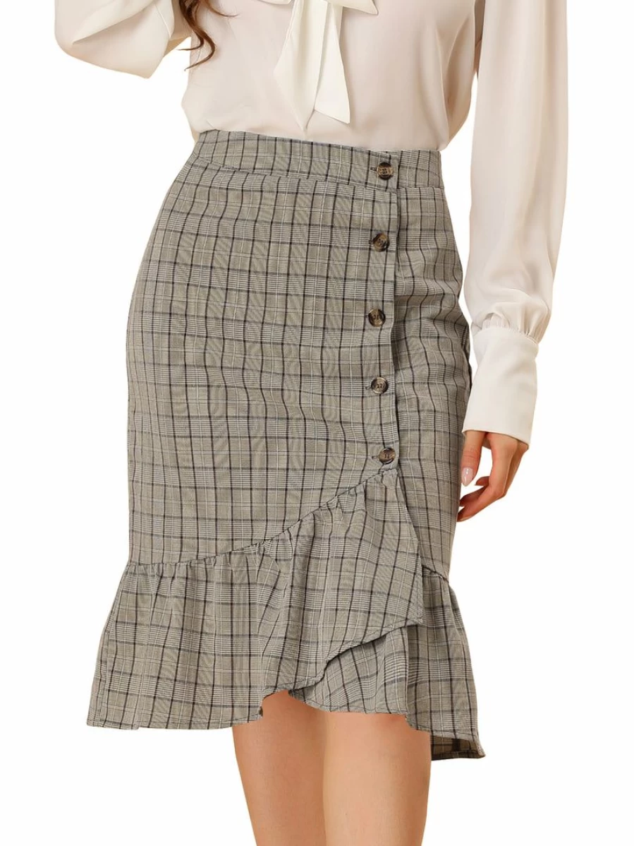 Women's Plaid Wrap Skirt with Button Closure, Mermaid Ruffle Fishtail Hem, Stylish and Comfortable Design