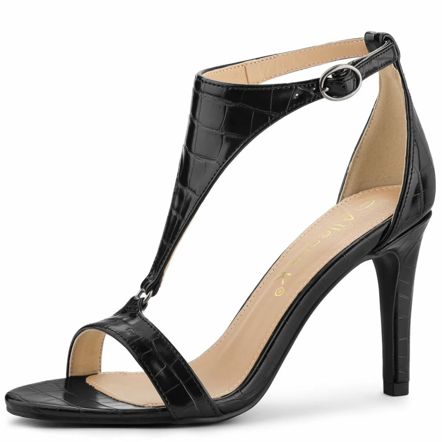Women's T-Strap Croc Embossed Stiletto Heel Sandals - Elegant High Heel Dress Shoes