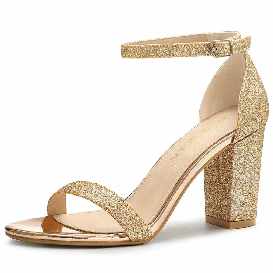 Women's Chunky Heel Glitter Sandals with Ankle Strap - Elegant Party Shoes for Evening Wear
