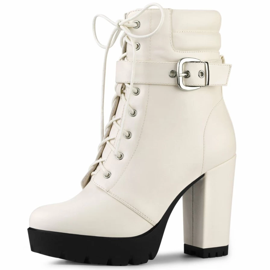 Women's Chunky Block Heel Ankle Boots with Buckle Detail & Lace-Up Design