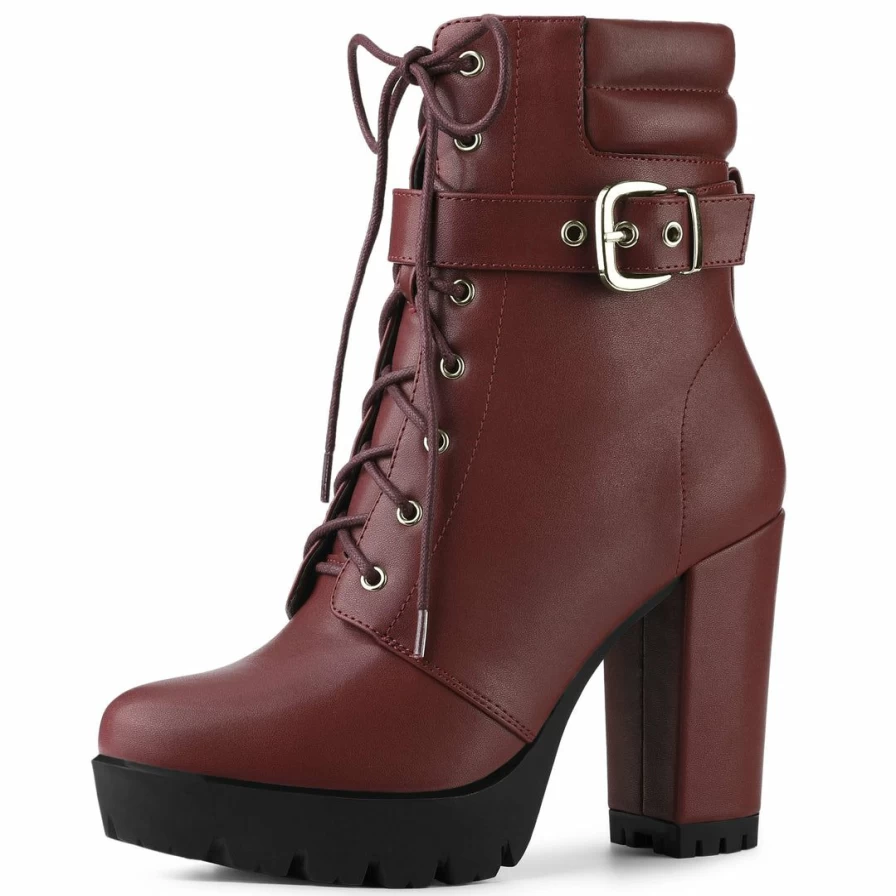 Women's Chunky Block Heel Ankle Boots with Buckle Detail & Lace-Up Design