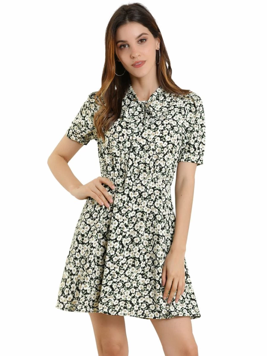 Allegra K Women's Black Floral Mini Dress Short Sleeve Casual Placket Above Knee
