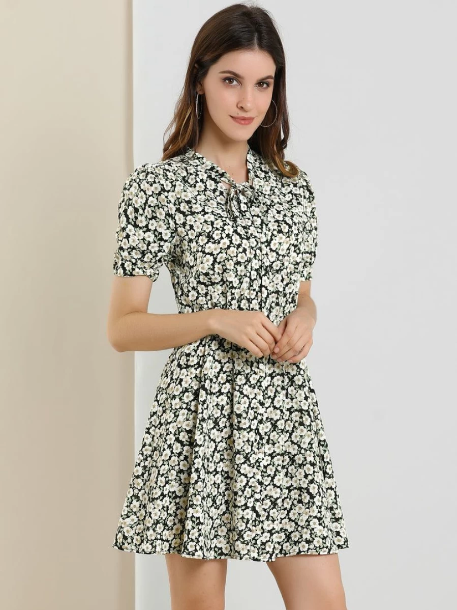 Allegra K Women's Black Floral Mini Dress Short Sleeve Casual Placket Above Knee