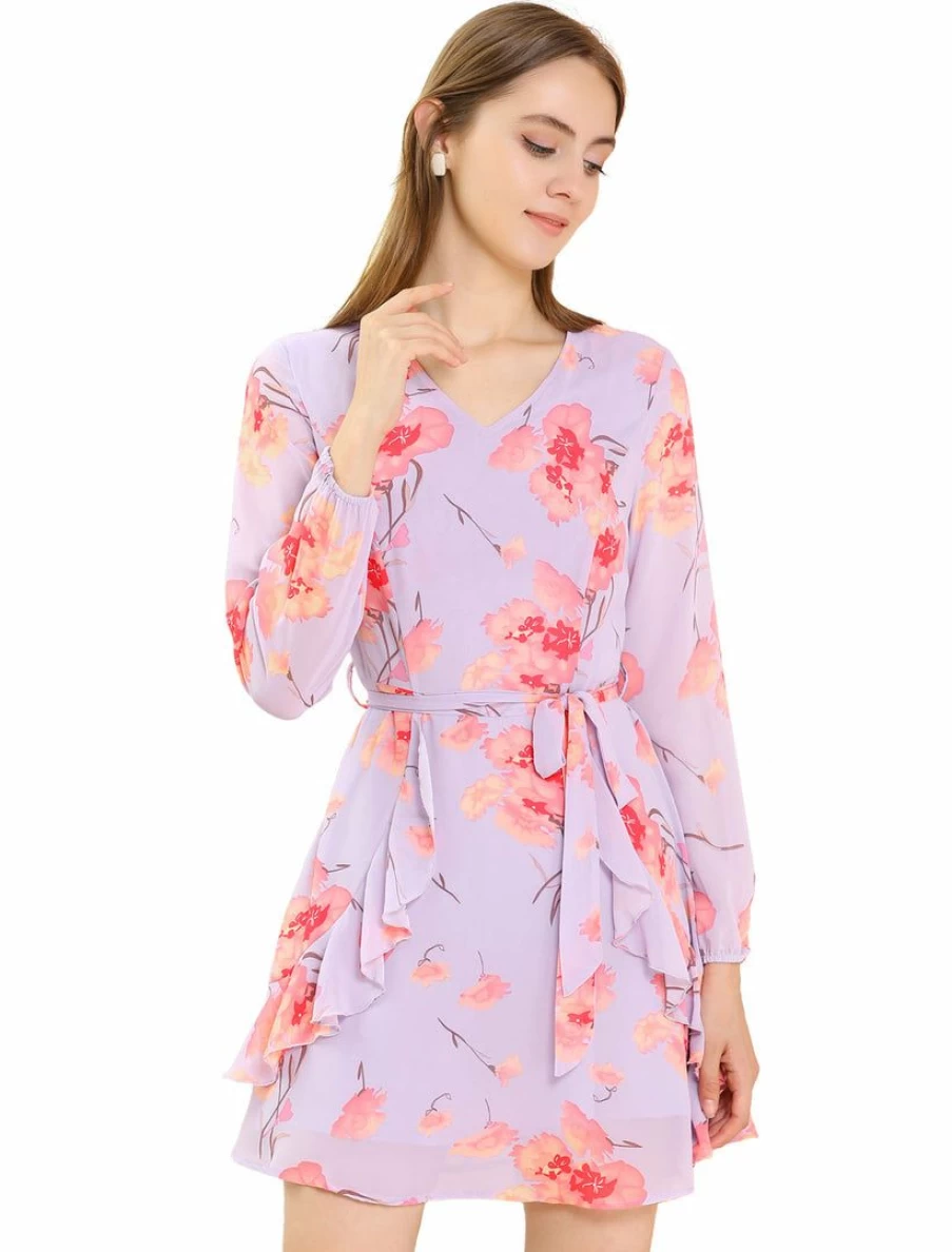 Women's Floral Print V-Neck Ruffle Front Belted Flowy Dress - Elegant Summer Casual Wear