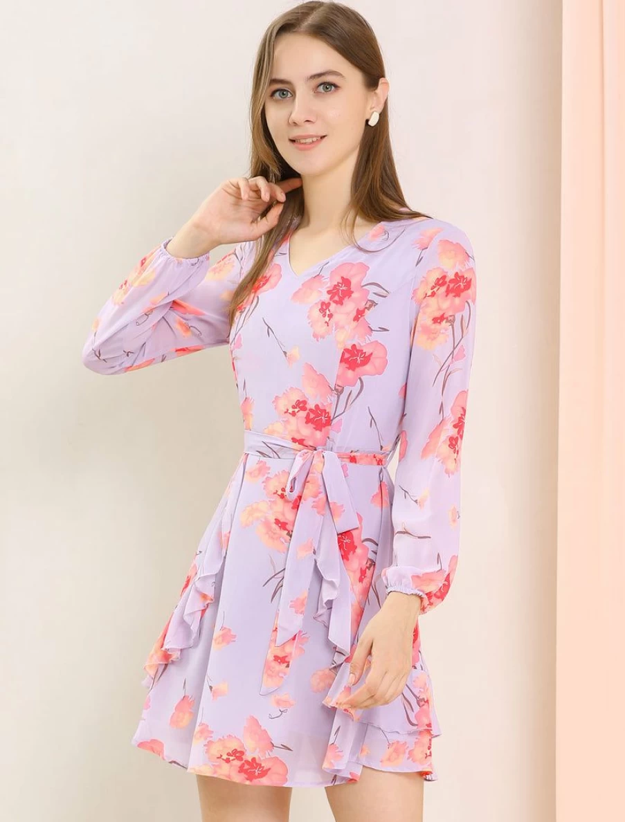 Women's Floral Print V-Neck Ruffle Front Belted Flowy Dress - Elegant Summer Casual Wear