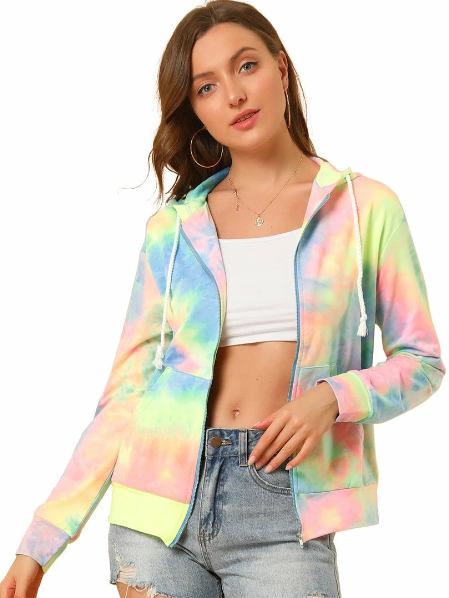 Women's Tie-Dye Zip-Up Hooded Sweatshirt with Pockets - Casual Pullover Fleece Jacket