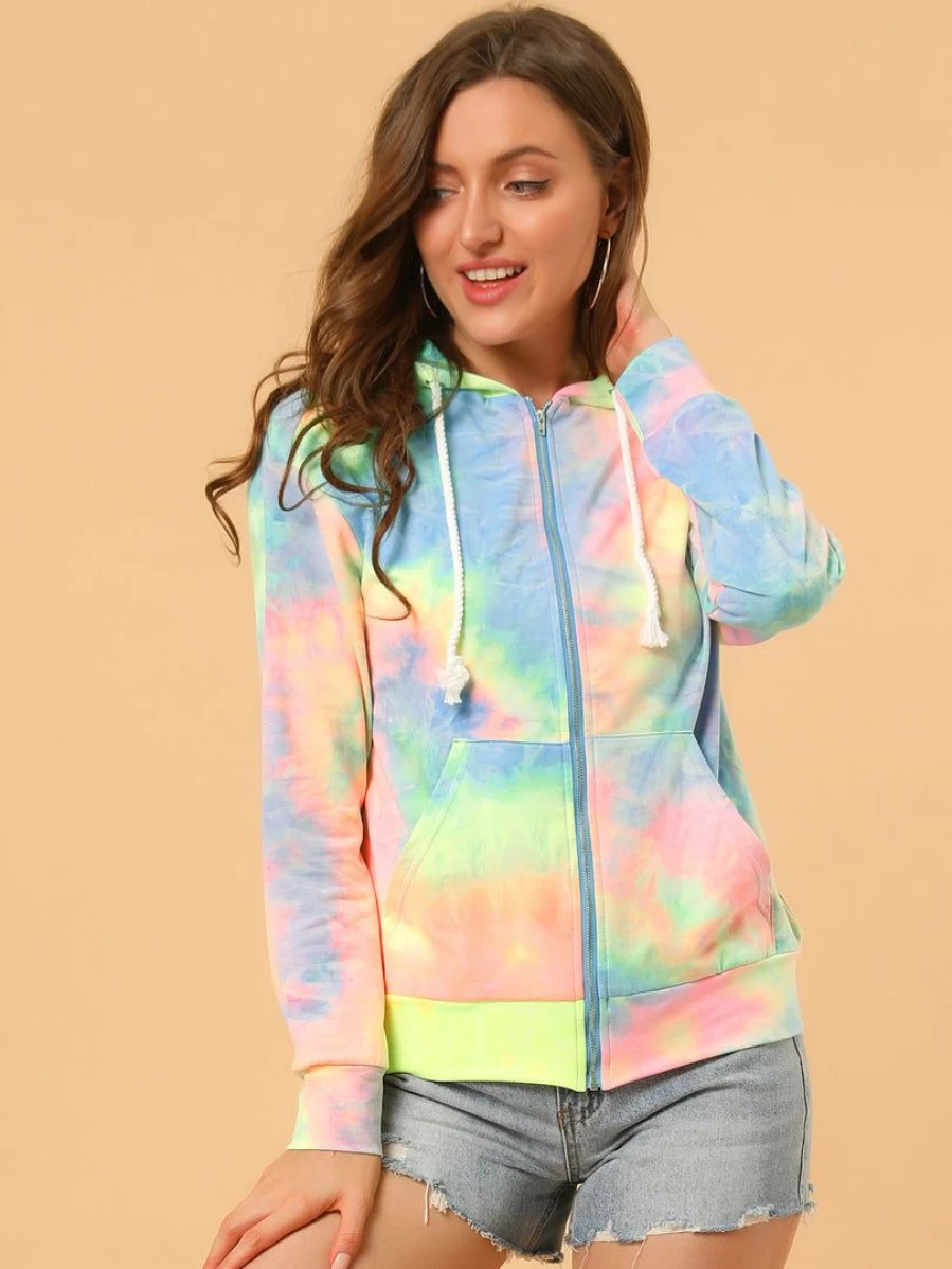 Women's Tie-Dye Zip-Up Hooded Sweatshirt with Pockets - Casual Pullover Fleece Jacket
