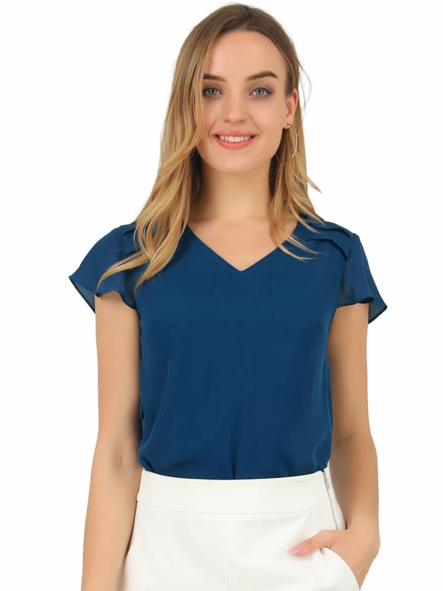 * Women's Dark Blue Summer Chiffon Blouse Pleated V-Neck Cap Sleeve Semi-Sheer Top
