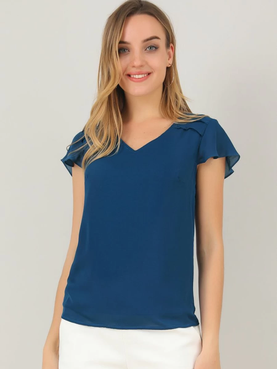 * Women's Dark Blue Summer Chiffon Blouse Pleated V-Neck Cap Sleeve Semi-Sheer Top