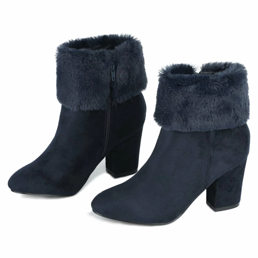 Women's Faux Fur Lined Ankle Boots with Round Toe and Block Heel for Winter Snow