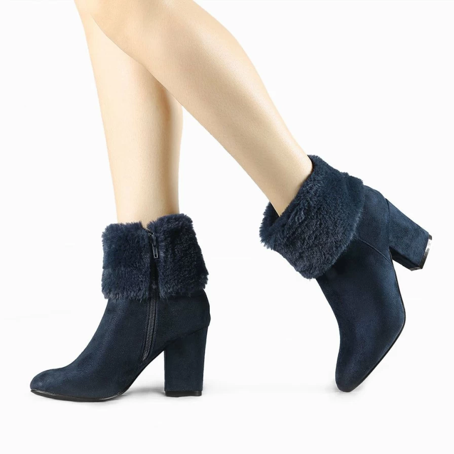 Women's Faux Fur Lined Ankle Boots with Round Toe and Block Heel for Winter Snow