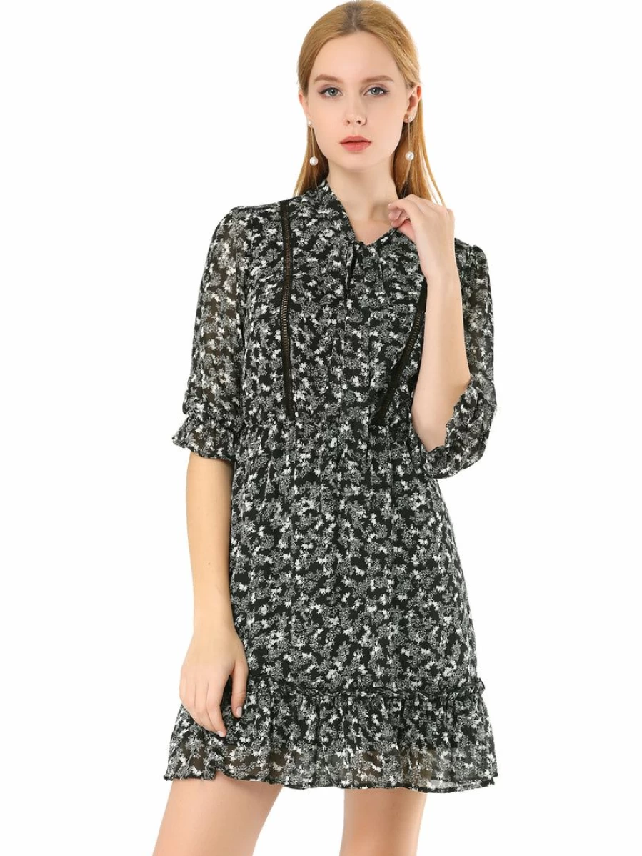 Allegra K Women's Black Floral A-Line Dress with Tie Neck and Ruffle Hem
