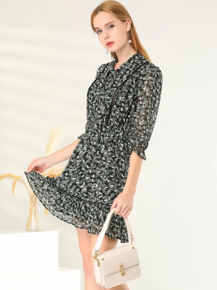 Allegra K Women's Black Floral A-Line Dress with Tie Neck and Ruffle Hem