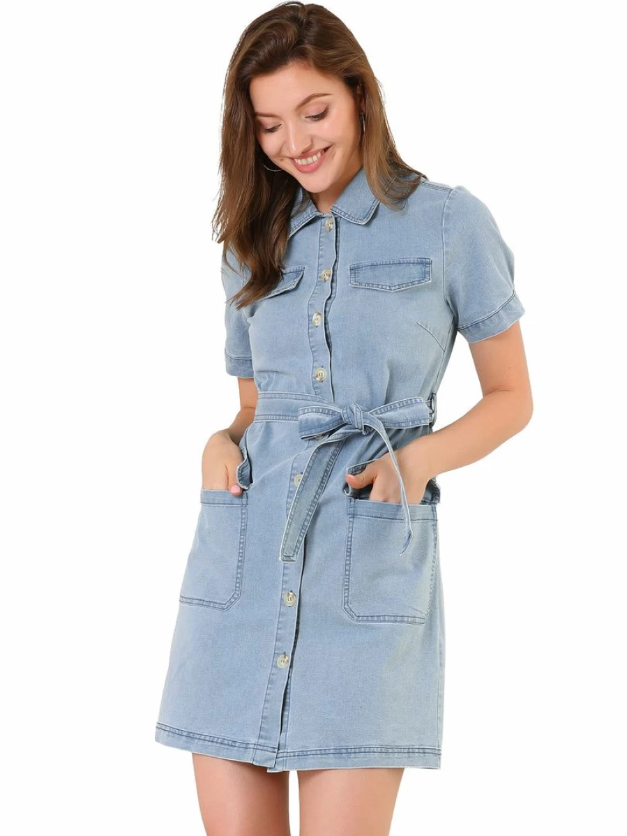 Women's Denim Shirtdress with Belted Waist and Turndown Collar by Allegra K