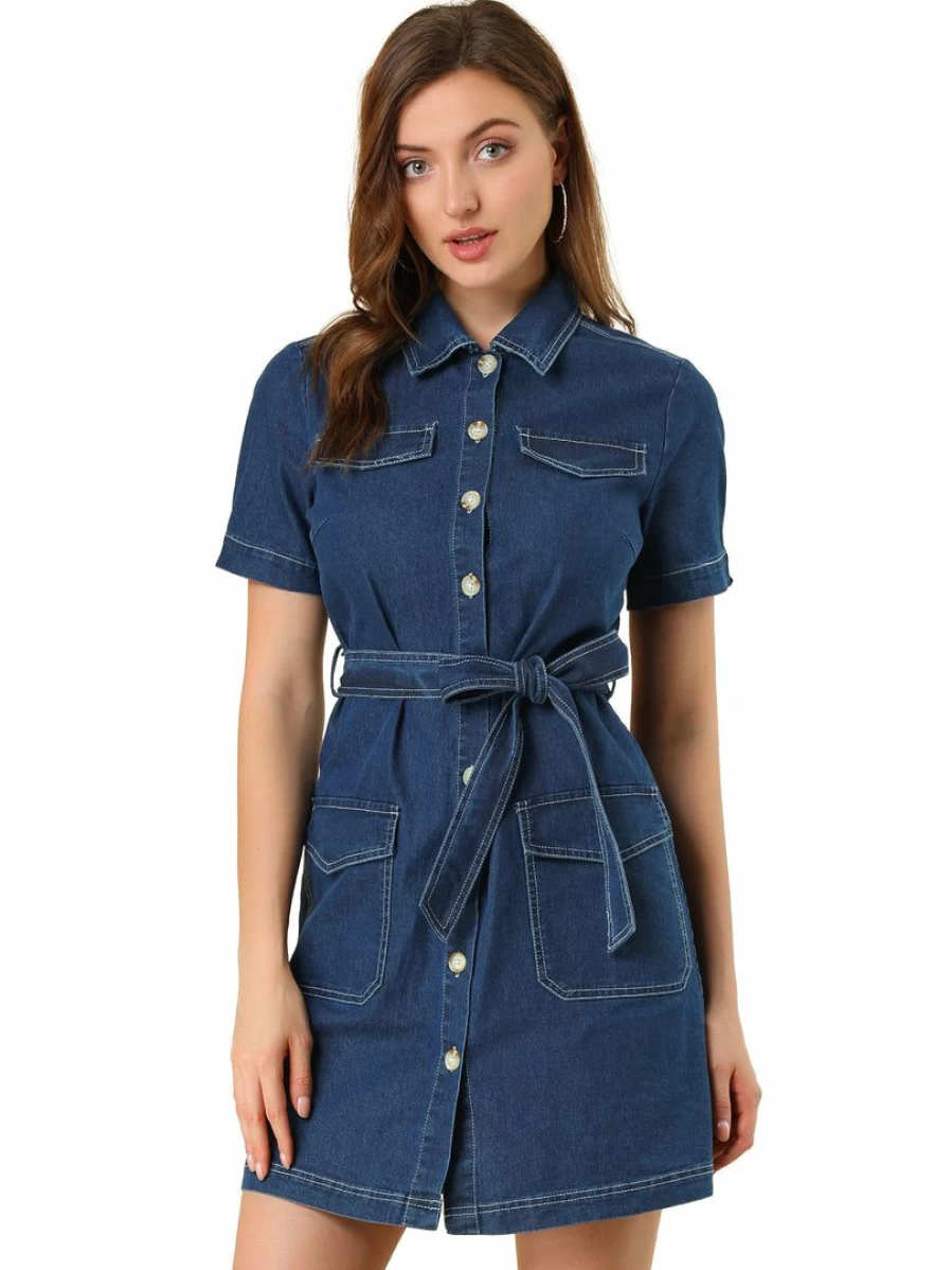 Women's Denim Shirtdress with Belted Waist and Turndown Collar by Allegra K