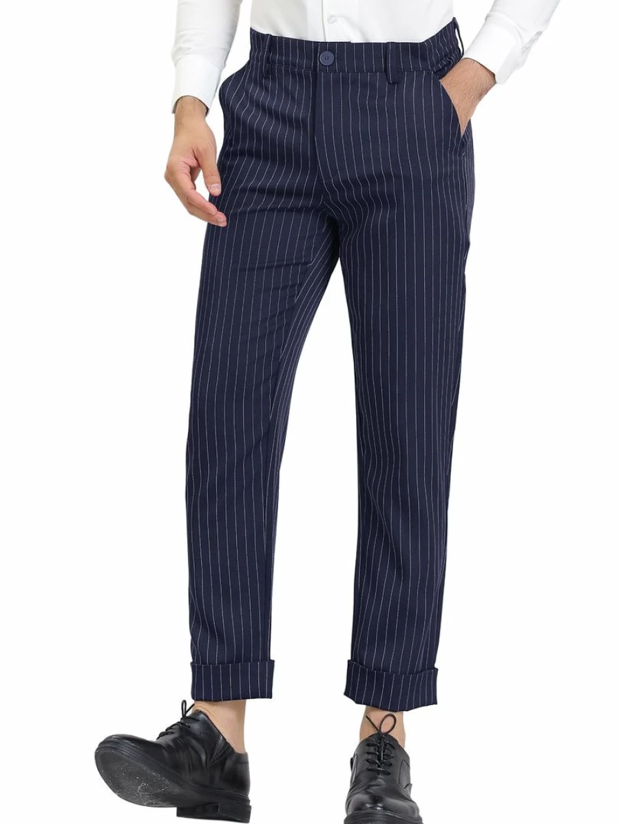 Men's Slim Fit Vertical Stripes Chino Pants - Flat Front Dress Trousers for Business Casual