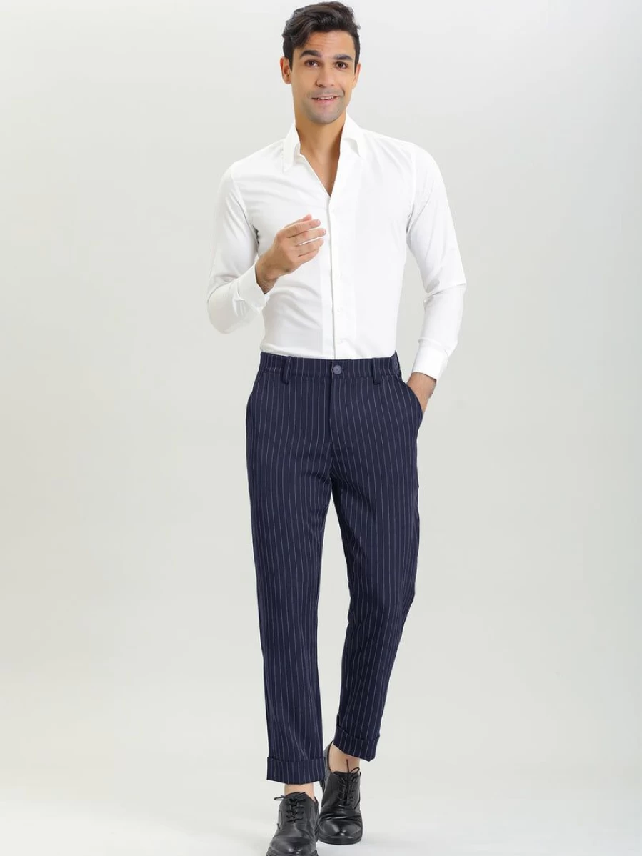 Men's Slim Fit Vertical Stripes Chino Pants - Flat Front Dress Trousers for Business Casual