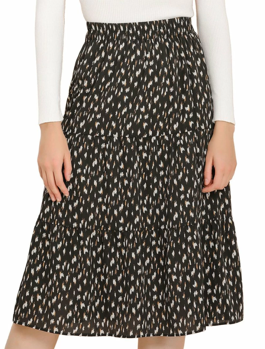 Women's Floral Tiered Midi Skirt with Elastic Waist for Casual Wear