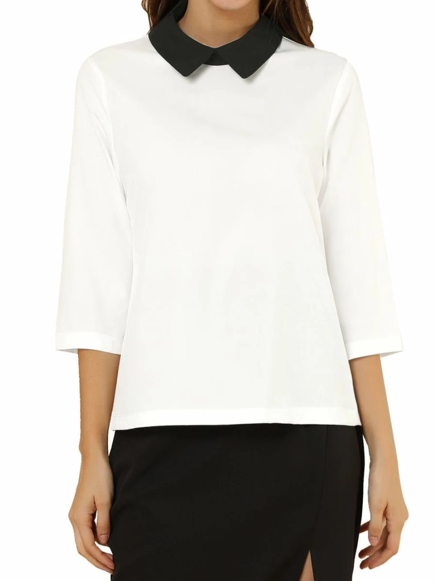 Women's Polka Dot Blouse with Contrast Collar and 3/4 Sleeves - Stylish Casual Tops