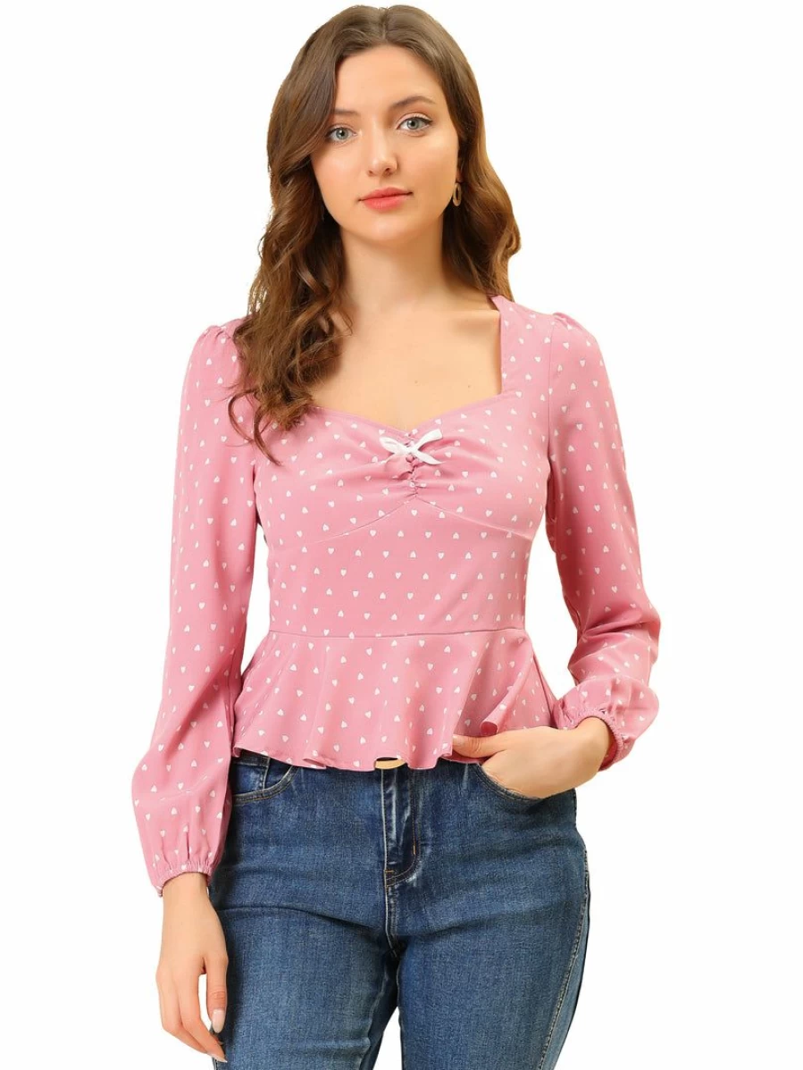 Pink Women's Sweetheart Neck Ruffle Hem Heart Pattern Top with Elastic Cuffs