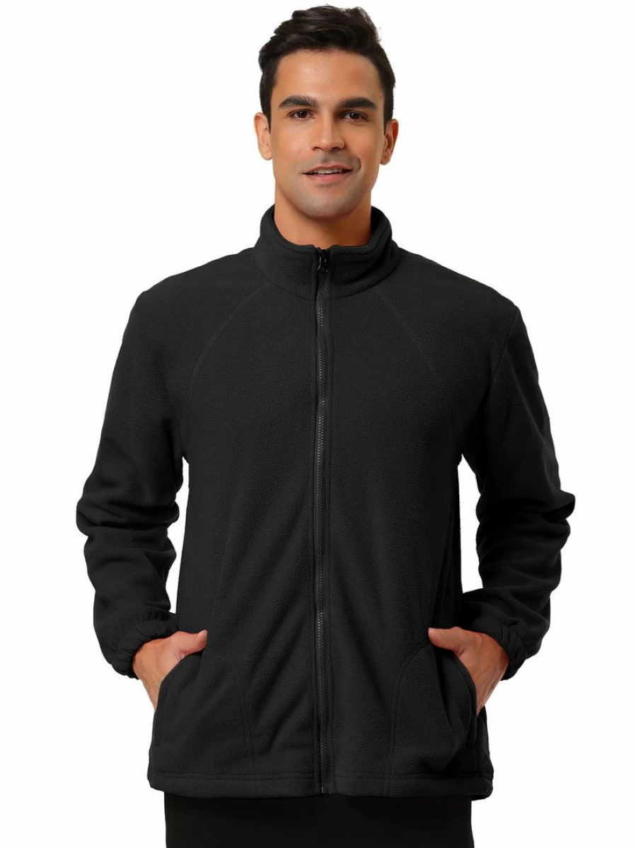 Men's Soft Fleece Jacket with Full-Zip Stand Collar, Winter Outdoor Coat with Pockets, Long Sleeve Warm Pullover