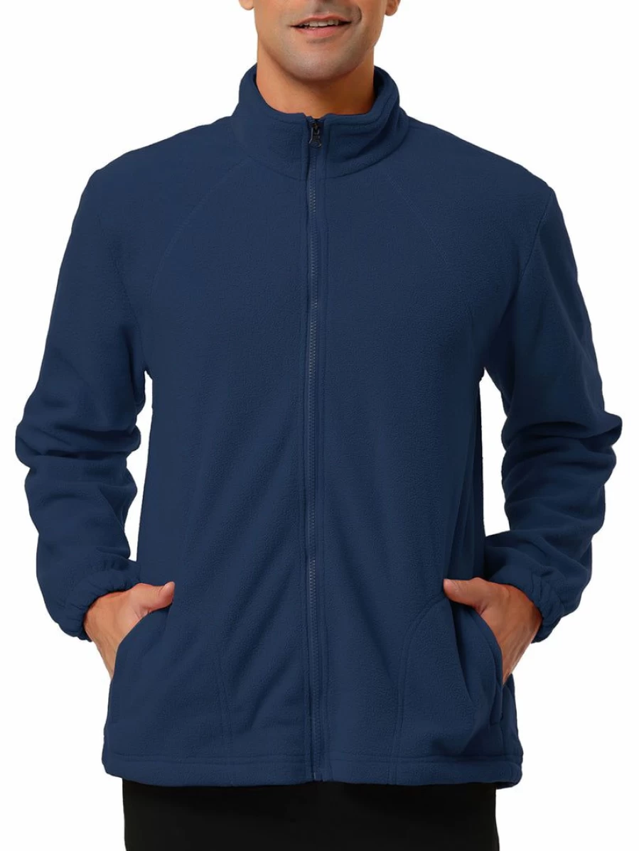 Men's Soft Fleece Jacket with Full-Zip Stand Collar, Winter Outdoor Coat with Pockets, Long Sleeve Warm Pullover