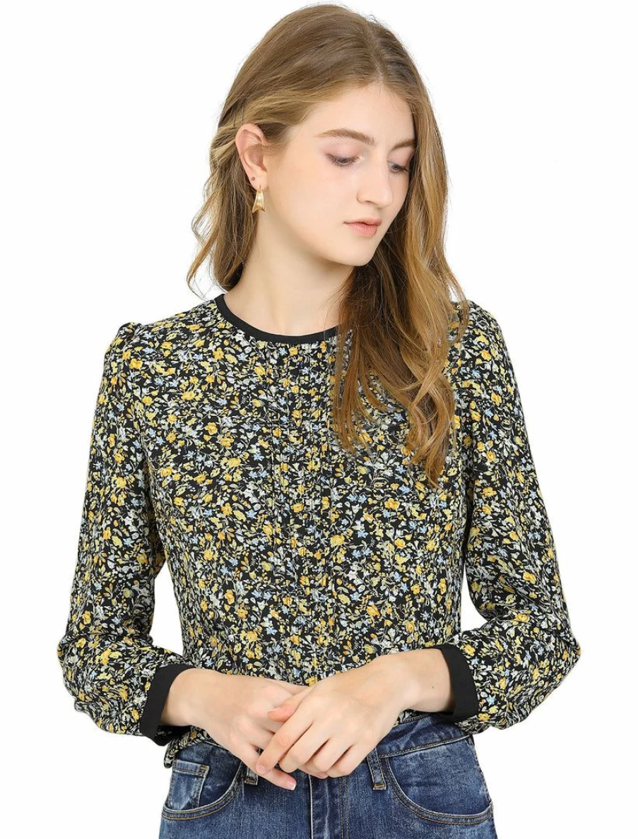 Vintage Floral Print Women's Blouse with Puff Sleeves and Button-Down Back in Contrast Colors