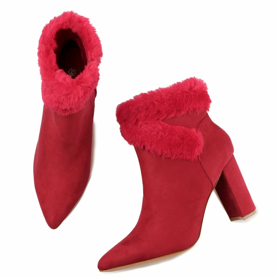 Women's Chunky Heel Ankle Boots with Faux Fur Detail - Pointed Toe Winter Fashion Boots