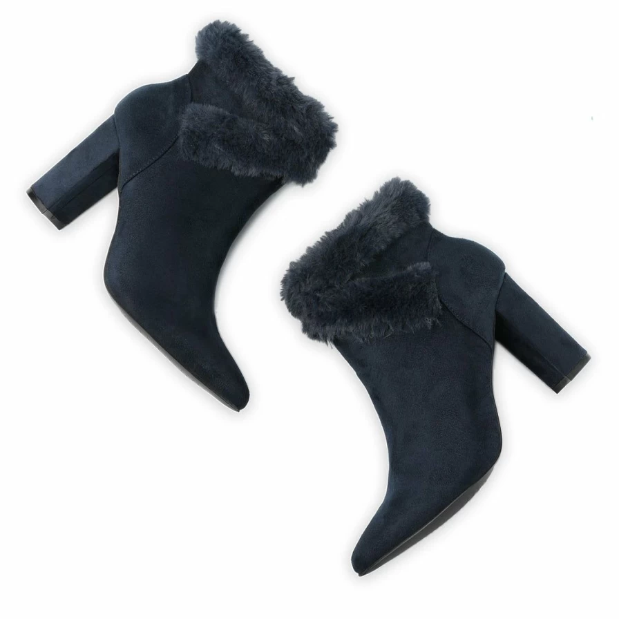 Women's Chunky Heel Ankle Boots with Faux Fur Detail - Pointed Toe Winter Fashion Boots