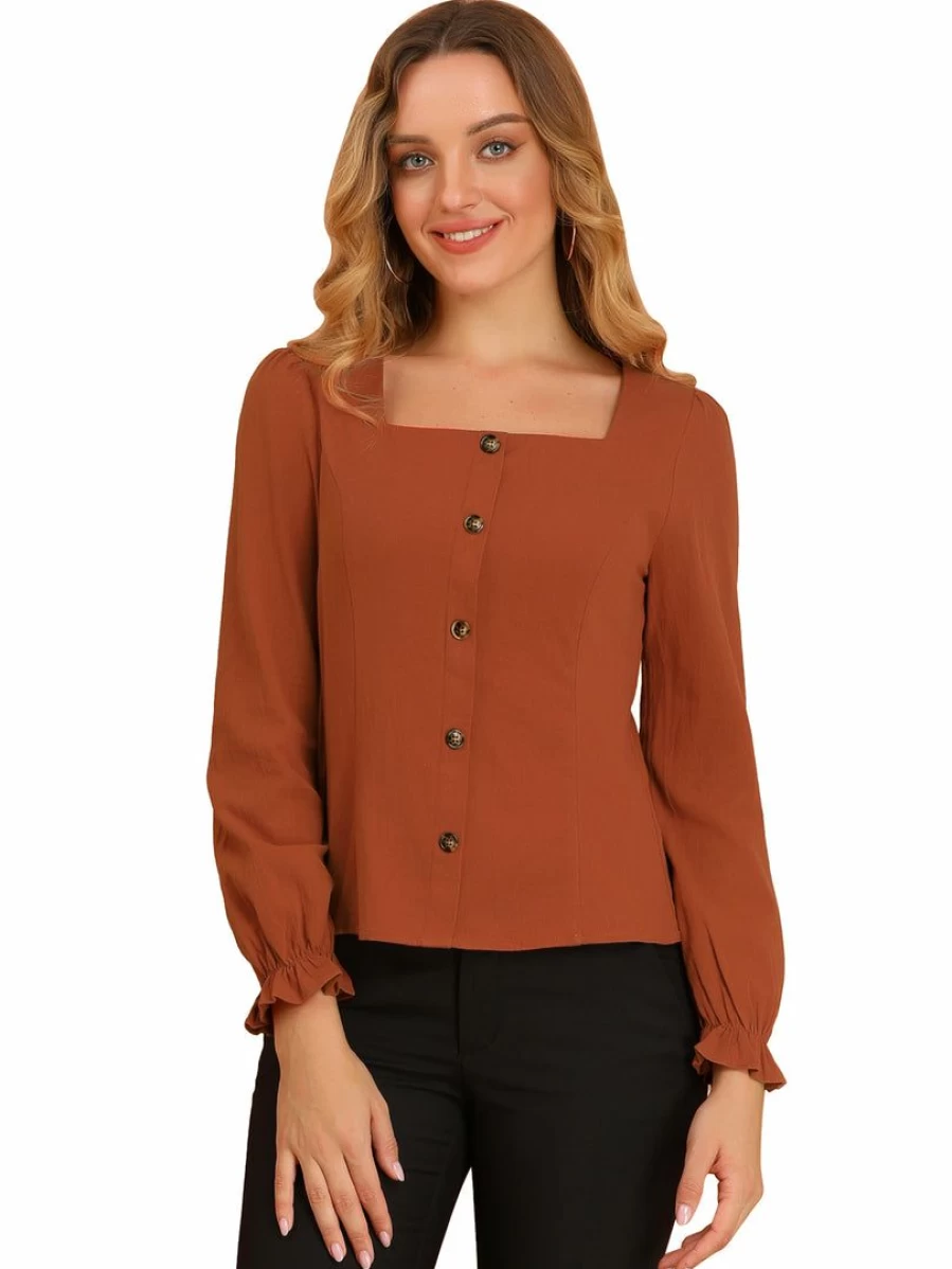 Women's Caramel Square Neck Blouse with Puff Sleeves & Elastic Cuffs Elegant Tops