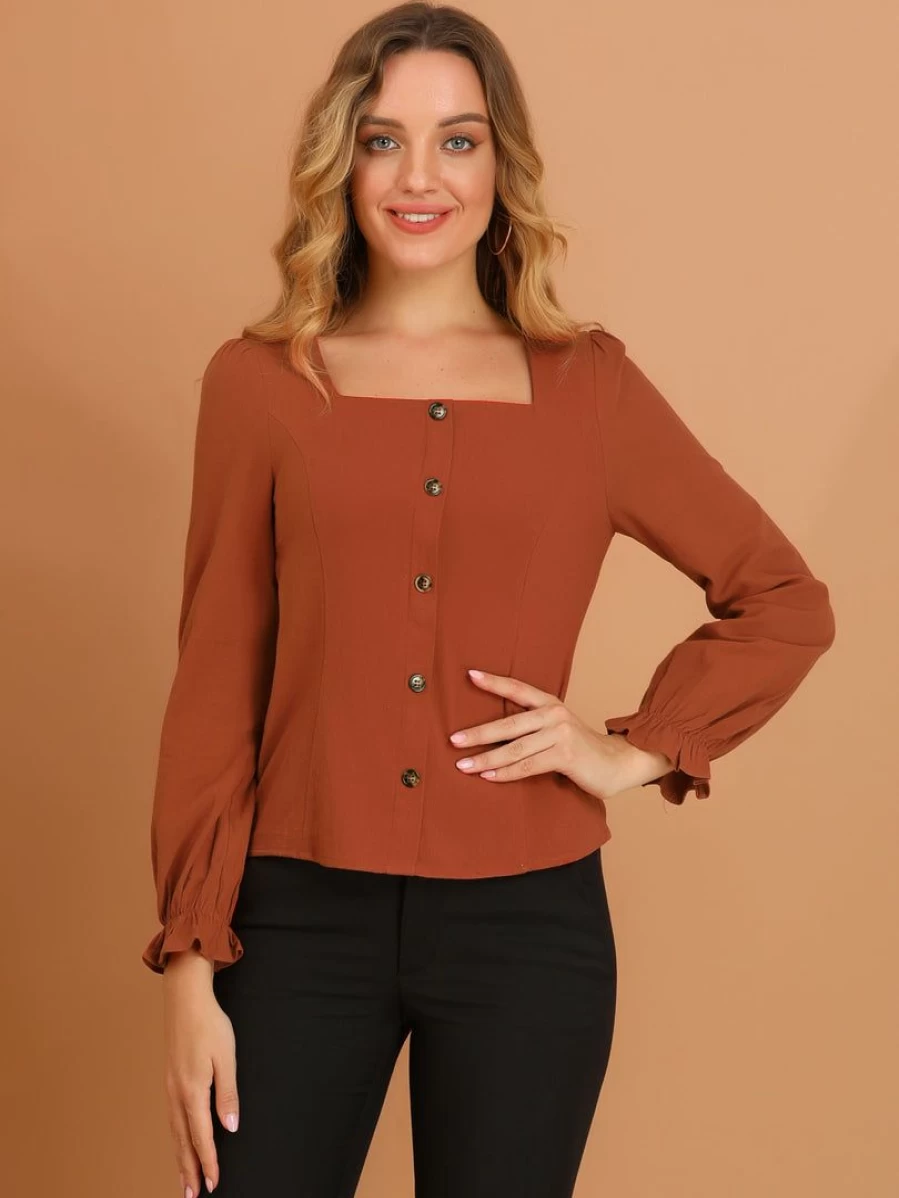 Women's Caramel Square Neck Blouse with Puff Sleeves & Elastic Cuffs Elegant Tops