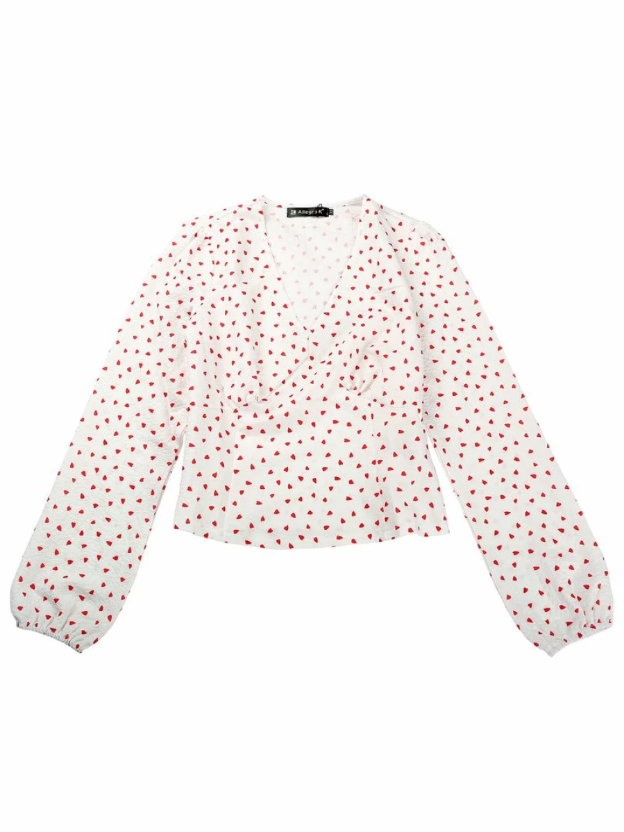 Allegra K Women's White Heart Print V-Neck Long Sleeve Blouse Sweet Cute Top