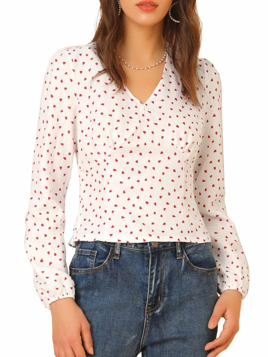 Allegra K Women's White Heart Print V-Neck Long Sleeve Blouse Sweet Cute Top