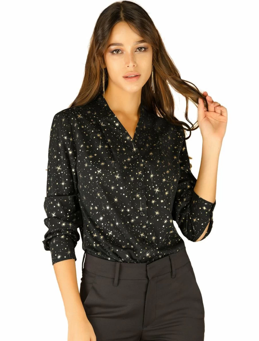 Women's Metallic Dots & Stars Stand Collar Long Sleeve Blouse Top - Elegant Party & Casual Wear